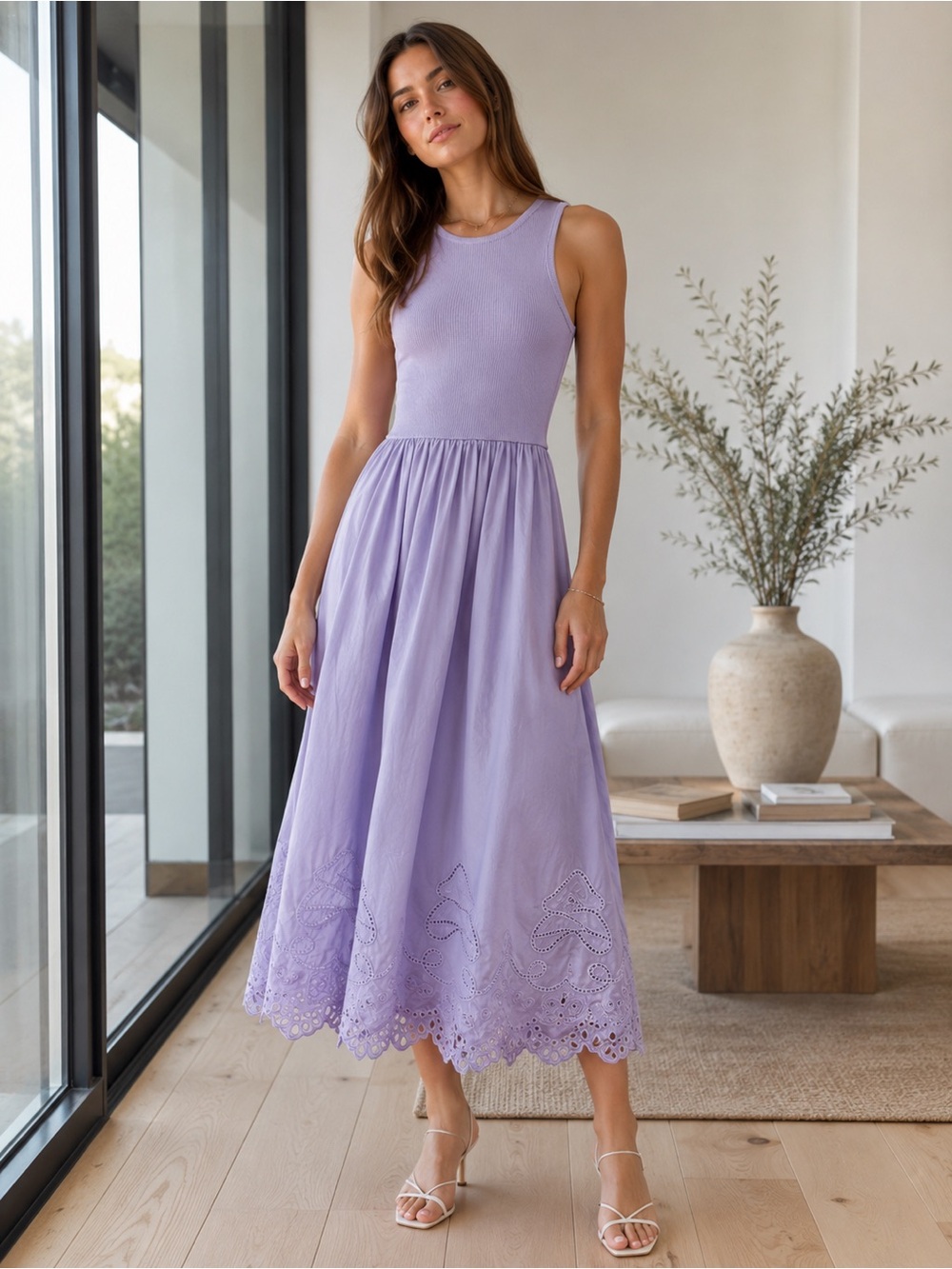 NWOT Moon River Sleeveless Embroidered Lavender Maxi Dress Mixed Media XS